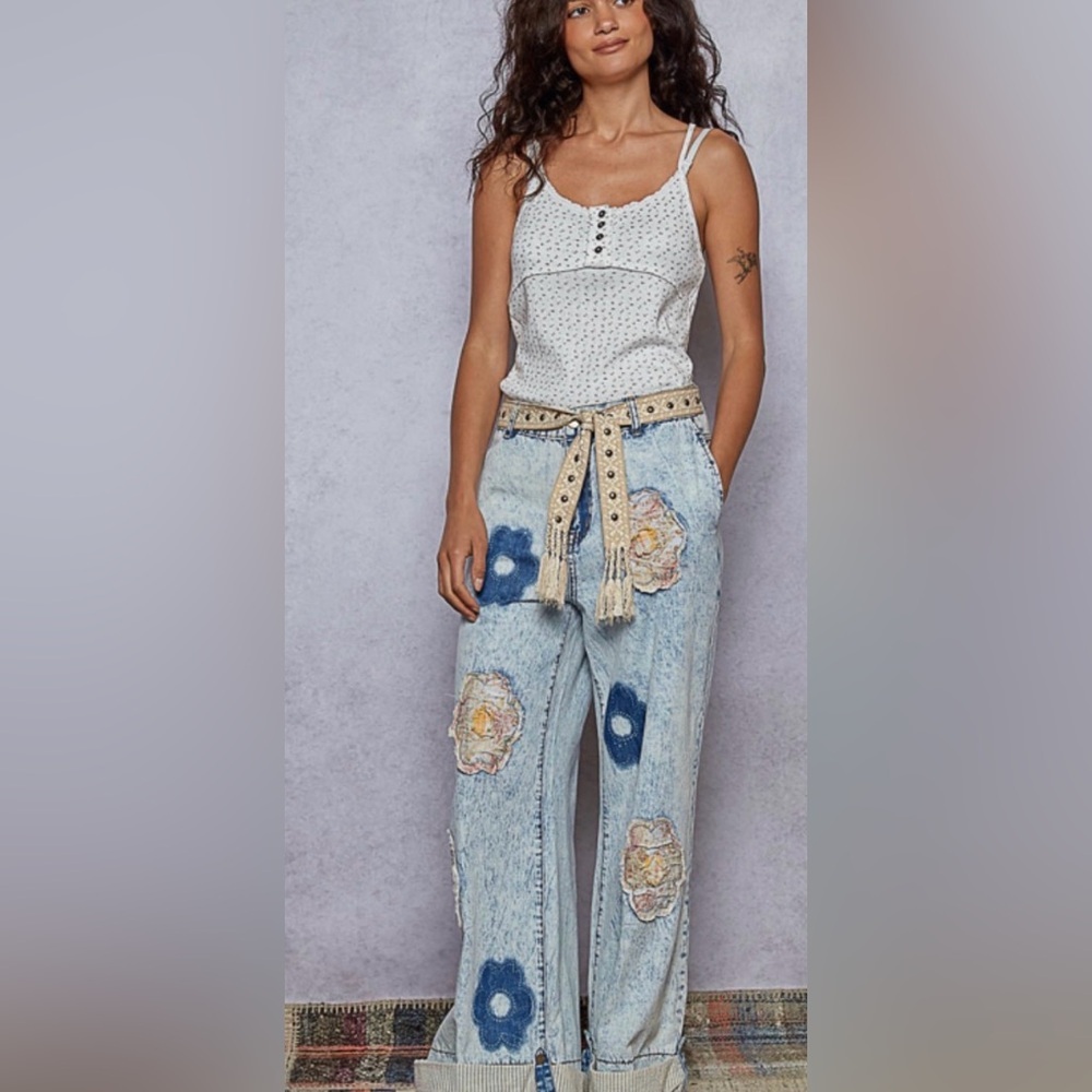 💸POL Floral Patchwork Wide-Leg Jeans with snap hem that can be extended